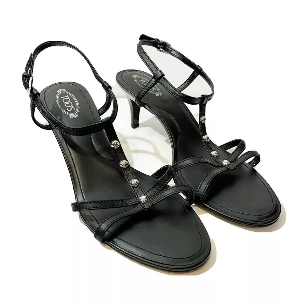 Tod’s Black Leather Open Toe Strappy Studded Sandal Heels Size 9.5